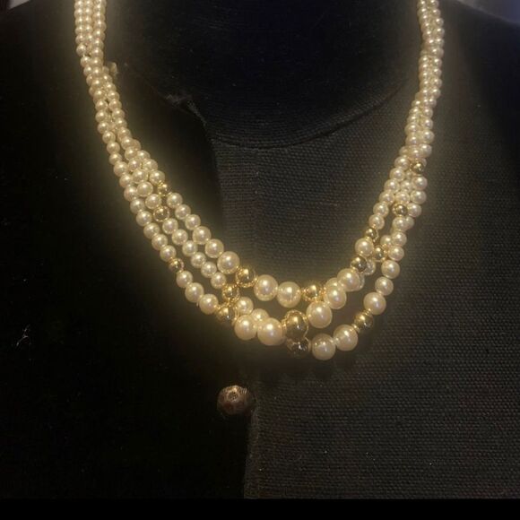 Napier Necklace 3 Strands Pearls and Gold Beads | Color: Gold | Size: 18.5 | - Picture 1 of 9